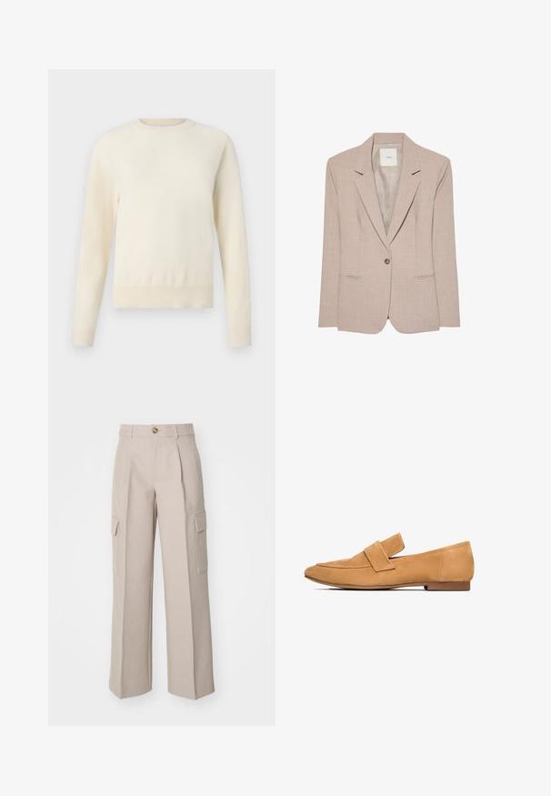 Beige singleknap blazer med hakkede revers, to fremadrettede lommer og en glat inderfor, vist fladt.; Lys cremefarvet sweater med lange ærmer, rund halsudskæring og ribbenet kant. Lavet af et blødt materiale med en glat tekstur.; Beige brede bukser lavet af stof, med frontfolder og to sidecargo-lommer. Indeholder en frontknaplukning.; Lette mokkasiner i tan farve med flad hæl, rund tå og en syet strop over vristen for et raffineret udtryk.
