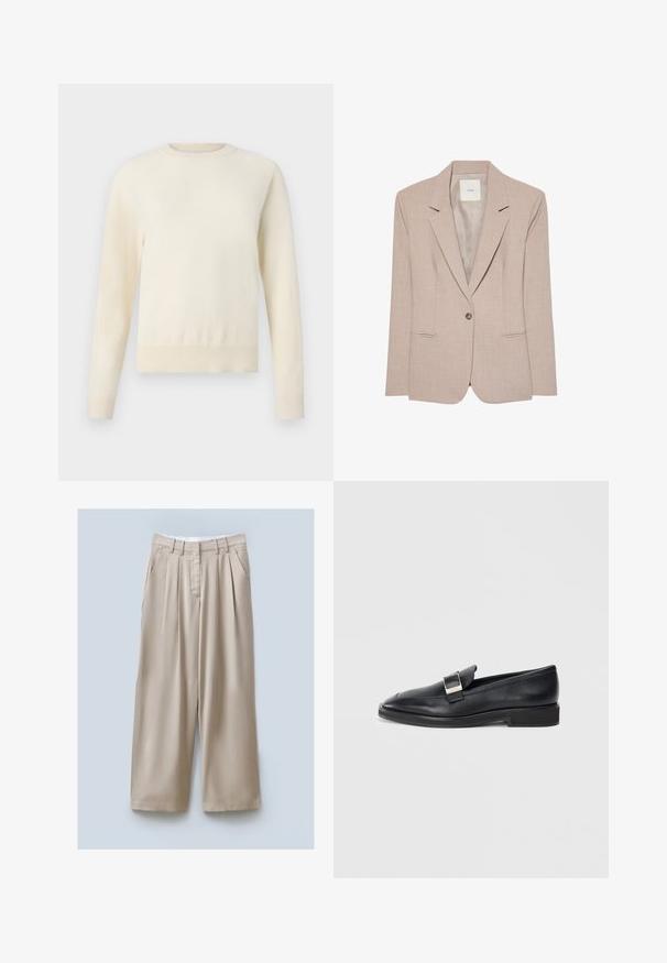 Μπεζ blazer με ένα κουμπί, με πέτο notch, δύο μπροστινές τσέπες με σχισμές και λείο εσωτερικό ύφασμα, απεικονίζεται επίπεδο.; Ανοιχτό κρέμ πουλόβερ με μακριά μανίκια, στρογγυλή λαιμόκοψη και ριγωτή τελείωση. Κατασκευασμένο από μαλακό υλικό, με λεία υφή.; Μπεζ φαρδύ παντελόνι με υφή, που διαθέτει δύο πλαϊνές τσέπες, δίπλες μπροστά και ζώνη για ασφαλή εφαρμογή.; Μαύρο δερμάτινο μοκασίνι με ασημένιο ορθογώνιο κούμπωμα στην κορυφή και χαμηλό τακούνι σε λευκό φόντο.
