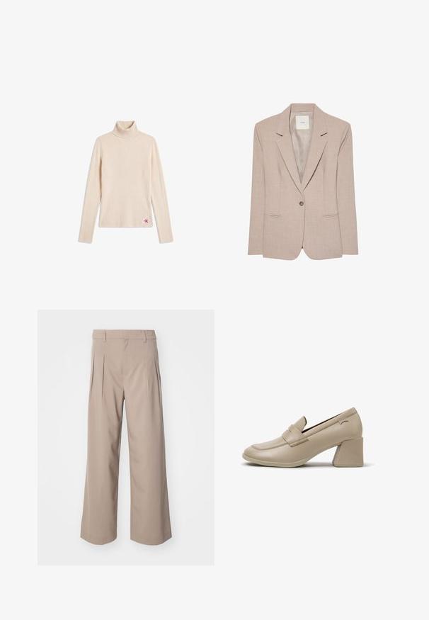 Beige singleknap blazer med hakkede revers, to fremadrettede lommer og en glat inderfor, vist fladt.; Beige ribstrikket langærmet turtleneck sweater med et lille logopatch nær den nederste kant på en hvid baggrund.; Beige brede bukser med læg, lavet af glat stof. Har en mellemhøj talje og en ren, skræddersyet silhuet.; Beige læder damesko med lav hæl, firkantet tå og blokhæl, med en syningsdetalje på remmen på den øverste side.