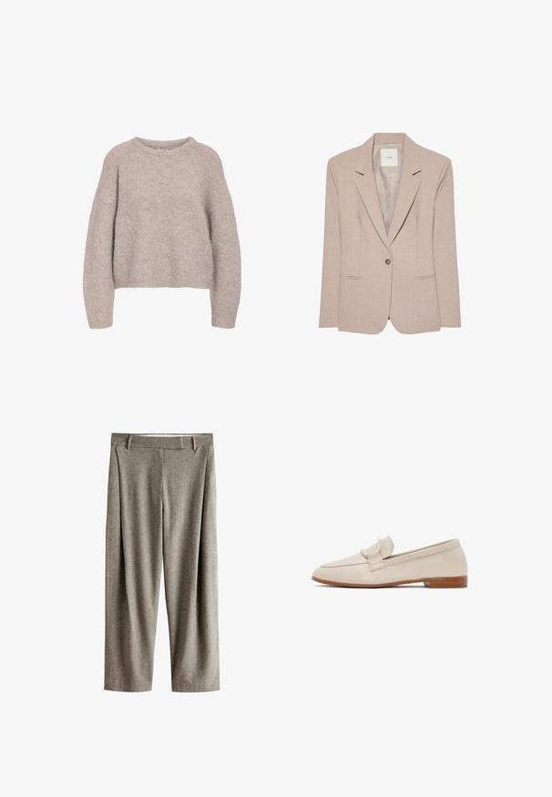 Beige eenknopsblazer met inkeping revers, twee voorzakken met een opening en een gladde binnenvoering, plat uitgestald.; Lichtbeige gebreide trui met een relaxte pasvorm, ronde halslijn en lange mouwen. Gelaagd, zacht materiaal met een gezellige uitstraling.; Grijze rechtvallende wolmixbroek met ceintuurlussen en voorplooien, afgebeeld tegen een witte achtergrond.; Beige leren loafer met lage gestapelde bruine hak en banddetail over de bovenkant, zijaanzicht op een witte achtergrond.