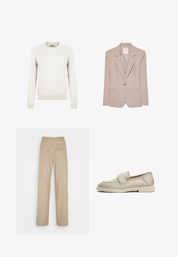 Blazer beige à un bouton, col cranté, deux poches fendues devant et doublure intérieure lisse, présenté à plat.; Pull léger gris fabriqué en tissu tricot doux, avec un col rond et des manches longues, et des poignets et un ourlet côtelés pour un effet de texture supplémentaire.; Calvin Klein TAILORED STRAIGHT PANT - Pantalon classique - cinder; Mocassins en cuir beige avec une texture lisse, présentant une sangle surélevée sur le dessus et une semelle en caoutchouc plate et basse.