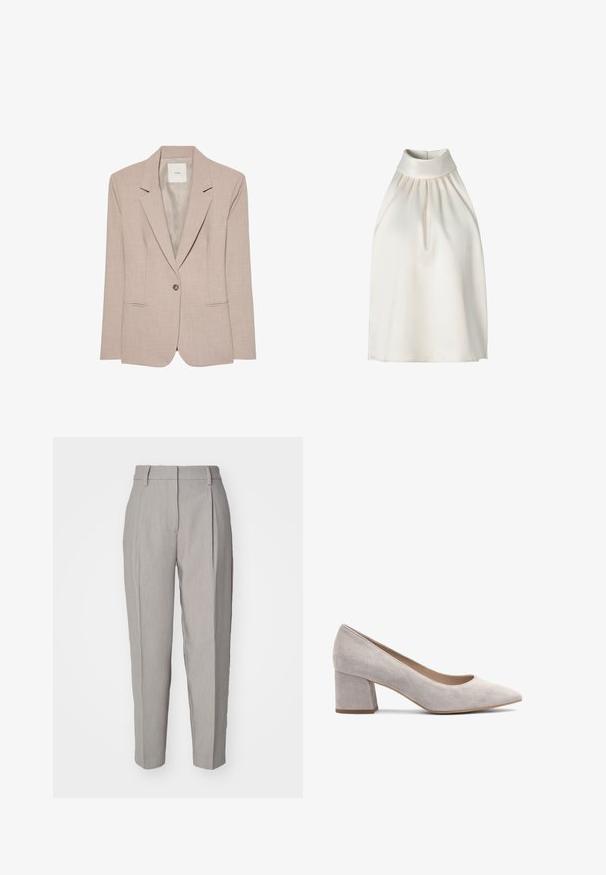 Blazer beige à un bouton, col cranté, deux poches fendues devant et doublure intérieure lisse, présenté à plat.; Débardeur dos nu sans manches en tissu crème lisse, avec des plis sur le devant, un col montant et un ourlet droit.; Pantalons tailleur gris clair avec une texture lisse, devant plissé et design à jambe droite. Comprend des passants de ceinture et une finition polie.; Escarpin en daim gris à talon bloc avec un bout pointu, texture lisse et une ouverture basse pour un enfilage facile. Talon robuste offrant une bonne stabilité.
