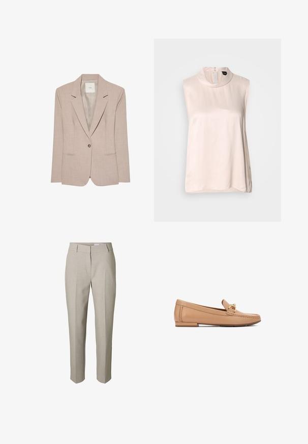 Μπεζ blazer με ένα κουμπί, με πέτο notch, δύο μπροστινές τσέπες με σχισμές και λείο εσωτερικό ύφασμα, απεικονίζεται επίπεδο.; Αμάνικη μπλούζα σε απαλό ροζ, με ψηλό γιακά, κατασκευασμένη από λείο, γυαλιστερό ύφασμα. Διαθέτει κούμπωμα με κουμπιά στο πίσω μέρος και καμπυλωτό τελείωμα.; Μπεζ παντελόνι ραμμένο κατά παραγγελία με θηλιές για ζώνη, μπροστινό φερμουάρ και πιέτες στα πόδια, εμφανιζόμενο σε λευκό φόντο.; Ταμπά δερμάτινα μοκασίνια με λεπτομέρεια από επιχρυσωμένο εξάρτημα, επίπεδη σόλα και ραφές κατά μήκος των πλευρών. Λείο υφή.