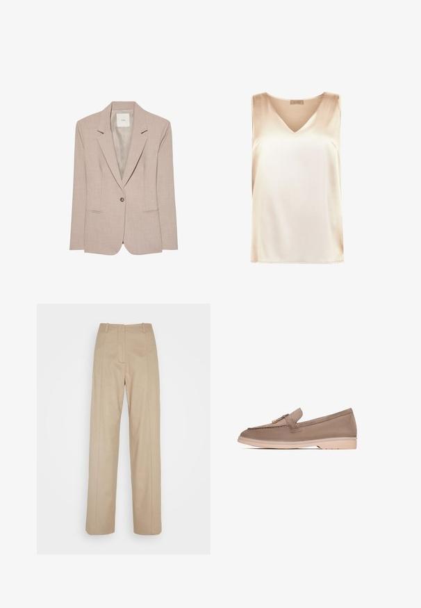 Beige singleknap blazer med hakkede revers, to fremadrettede lommer og en glat inderfor, vist fladt.; Beige ærmeløs top lavet af glat stof med v-hals design og lige kant. Minimalistisk stil uden yderligere mønstre eller accenter.; Calvin Klein TAILORED STRAIGHT PANT - Bukser - cinder; Brune læder loafer med en glat tekstur, der har et dekorativt bånd og guldfarvet hardware, hviler på en lys beige gummisål.