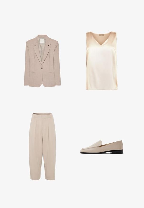 Beige singleknap blazer med hakkede revers, to fremadrettede lommer og en glat inderfor, vist fladt.; Beige ærmeløs top lavet af glat stof med v-hals design og lige kant. Minimalistisk stil uden yderligere mønstre eller accenter.; Beige, mellemlange bukser lavet af blødt stof. Har en bred talje, frontfolder og tætsiddende ben med opsamlede sømme.; Beige læderloafers med en glat tekstur, rund tå og minimal syning. Med en lav sort hæl og slip-on design.