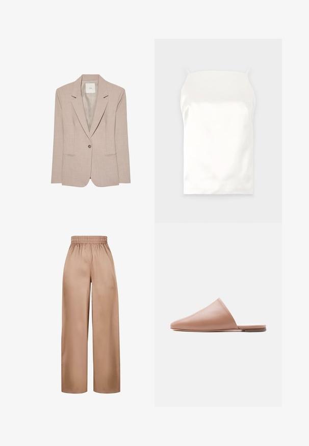Blazer beige à un bouton, col cranté, deux poches fendues devant et doublure intérieure lisse, présenté à plat.; Camisole en satin blanc avec des fines bretelles, texture lisse, forme rectangulaire et sans motifs ni accents visibles.; Pantalons à jambes larges, de couleur marron clair, fabriqués dans un tissu lisse avec une taille élastique, présentant un design simple sans embellissements supplémentaires.; Mule en cuir beige, sans talon, à bout pointu et semelle plate, présenté en profil latéral sur un fond clair uni.