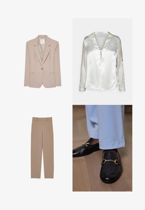 Beige yksirivinen bleiser, jossa notched-lapelit, kaksi etutaskua ja sileä vuori, esitetty litteänä.; STUDIO ID ALYSSA - Pusero - champagne; Beige suorat housut, joissa on pleidattu etuosa, vyölenkit ja hillityt ompeluoyksityiskohdat. Sujuva, kevyt kangas.; Mustat nahkaloaferit, joissa on kultainen metallikiristys, puettuna vaaleansinisten housujen kanssa puulattialla.