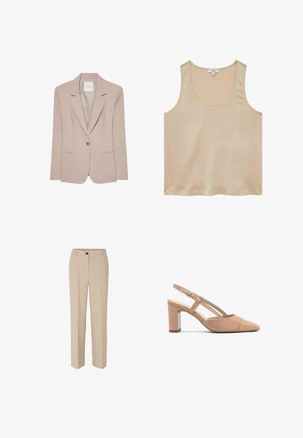 Blazer beige de un solo botón con solapas en pico, dos bolsillos delanteros con abertura y un forro interior liso, presentado plano.; Reiss REGULAR FIT - Blusa - neutral; Modström GALE - Pantalones - powder sand; Tacones de slingback de cuero beige con punta afilada, tacón cuadrado y correa con un pequeño hebilla dorada. Textura suave, diseño minimalista.