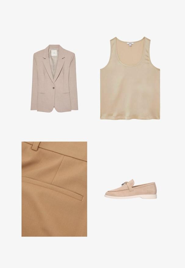 Blazer beige de un solo botón con solapas en pico, dos bolsillos delanteros con abertura y un forro interior liso, presentado plano.; Reiss REGULAR FIT - Blusa - neutral; Primer plano de tela beige con un bolsillo de ribete horizontal y detalle de costura en la prenda confeccionada.; Mocasín beige de ante sin cordones con suela blanca, detalle de hebilla metálica en la parte superior y "Melvin & Hamilton" grabado en el lateral.