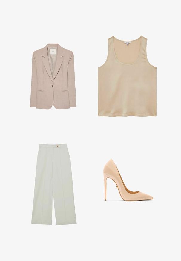 Beige singleknap blazer med hakkede revers, to fremadrettede lommer og en glat inderfor, vist fladt.; Reiss REGULAR FIT - Bluse - neutral; Bukser med vide ben i en lys cremet farve, med knaplukning, forreste læg og sidelommer, lavet af et glat stof.; Nøgen laklæder højhælet sko med spids tå, slank silhuet og en stiletthæl, der har en glat, blank tekstur.