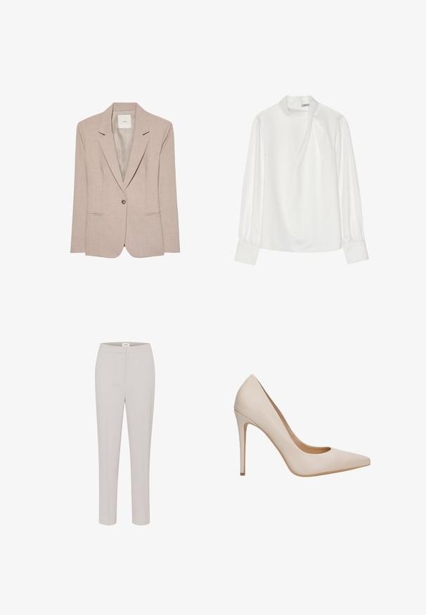 Beige eenknopsblazer met inkeping revers, twee voorzakken met een opening en een gladde binnenvoering, plat uitgestald.; Witte blouse met een hoge halslijn, lange pofmouwen en een ritssluiting aan de achterkant. Glad stof met een lichte glans en subtiele val.; Lichtgrijze op maat gemaakte broeken met een gladde textuur, slim fit en een klassieke tailleband. Geen zichtbare zakken of versieringen.; Beige leren pumps met hoge hak, een spitse neus, een gladde textuur en een slanke stilettohak. Minimalistisch ontwerp zonder extra versieringen.