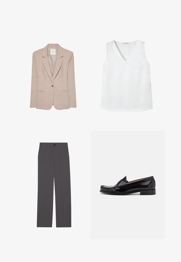 Beige singleknap blazer med hakkede revers, to fremadrettede lommer og en glat inderfor, vist fladt.; Hvid ærmeløs top lavet af glat stof. Har en V-halsudskæring og lige kanter. Minimalistisk design uden synlige mønstre eller accenter.; Grå bukser med lige ben design, der har to side lommer og en knaplukning. Glat stof uden synlige mønstre eller detaljer.; Sorte læder moccasin sko med en skinnende finish, der har frynsedetaljer langs fronten og en lav stabelhælk.