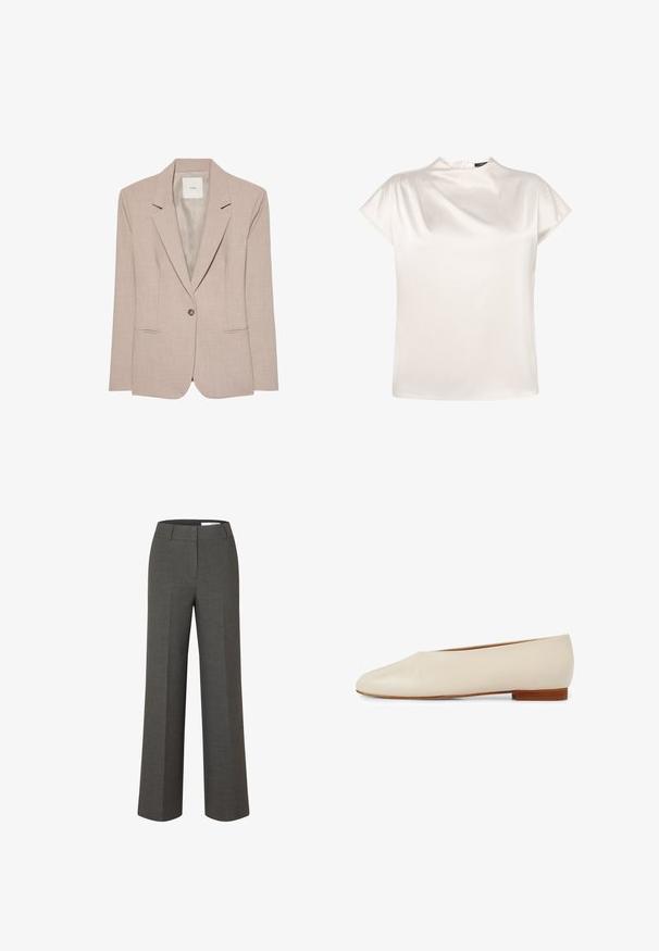 Beige singleknap blazer med hakkede revers, to fremadrettede lommer og en glat inderfor, vist fladt.; zero Bluse - eggnog; Mørkegrå skræddersyede bukser med vide ben, frontbirl og taljebånd med bæltestropper på hvid baggrund.; Beige læder flad sko med spids tå design, minimalistsk form og en kort træhæl for stabilitet og komfort.