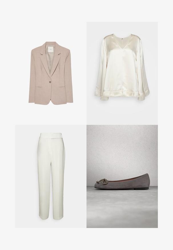 Blazer beige de un solo botón con solapas en pico, dos bolsillos delanteros con abertura y un forro interior liso, presentado plano.; By Malene Birger EXCLUSIVE AVELAS - Blusa - pearl; Halston KARTER WEDDING PANT - Pantalones - chalk; Bailarinas de ante gris con puntera redonda, adorno de cuerda anudada y un sutil ribete en contraste a lo largo del borde. Suela plana y flexible.