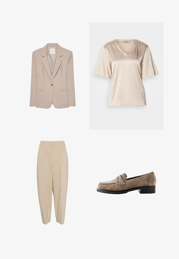 Beiger Ein-Knopf-Blazer mit Kerbkragen, zwei vorderen Einschubtaschen und glattem Innenfutter, flach liegend dargestellt.; Beige Satin-T-Shirt mit V-Ausschnitt, kurzen, ausgestellt Ärmeln und glatter Textur. Das Design ist schlicht und ohne Muster oder Verzierungen.; Beige maßgeschneiderte Hose mit hoher Taille, gefaltetem Vorderteil und schmal zulaufendem Bein. Der Stoff wirkt glatt mit einem dezenten Glanz. Keine sichtbaren Taschen.; Braune Wildleder-Loafer mit einem niedrigen, schwarzen gestapelten Absatz. Merkmale einer gesteppten Vorderseite und einem glatten Innenfutter. Abgerundete Zehenform.