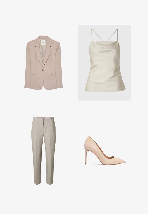 Blazer beige de un solo botón con solapas en pico, dos bolsillos delanteros con abertura y un forro interior liso, presentado plano.; Camisón de satén en beige claro, con escote en cowl y finas tiras ajustables. Textura suave con un ajuste ligeramente holgado.; Pantalones beige hechos a medida con trabillas para el cinturón, cierre delantero con cremallera y pliegues prensados en las piernas, mostrados sobre un fondo blanco.; Zapato de tacón alto de cuero beige con punta afilada y textura suave. Presenta un tacón de aguja delgado y un diseño de escote bajo.