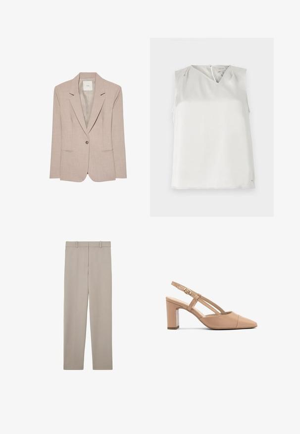 Beige singleknap blazer med hakkede revers, to fremadrettede lommer og en glat inderfor, vist fladt.; Ærmeløs hvid bluse med V-udskæring, diskrete folder ved skuldrene og lynlåslukning bagpå, vist på ensfarvet baggrund.; Beige, lige bukser med bæltestropper og et rent, minimalistisk design, vist fladt på en hvid baggrund.; Beige læder slingback hæle med spids tå, blokhæle og rem med en lille guld spænde. Glat tekstur, minimalistisk design.
