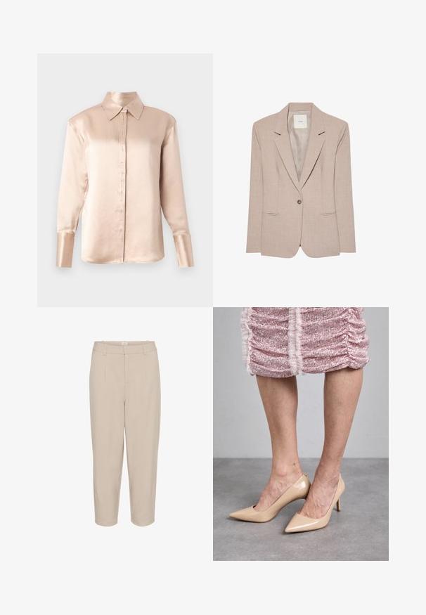 Blazer beige à un bouton, col cranté, deux poches fendues devant et doublure intérieure lisse, présenté à plat.; Blouse en satin beige doux avec un col classique, des manches longues, un devant boutonné et une coupe légèrement oversize. Texture lisse, détails minimalistes.; Pantalons beiges raccourcis avec une texture lisse, plis avant, deux poches latérales et une taille. Conception à jambes droites avec une finition épurée.; Talons hauts en cuir verni beige avec une pointe fine et un talon élancé. Texture lisse avec un design épuré. Portés avec une robe rose pailletée.