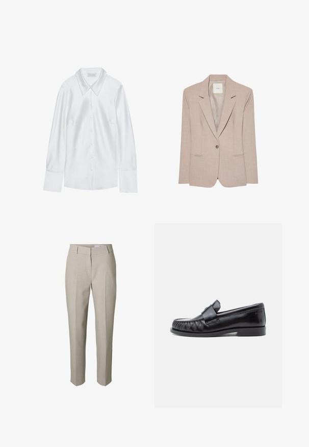 Μπεζ blazer με ένα κουμπί, με πέτο notch, δύο μπροστινές τσέπες με σχισμές και λείο εσωτερικό ύφασμα, απεικονίζεται επίπεδο.; Λευκό πουκάμισο μακρυμάνικο με κλασικό γιακά, διαθέτει κουμπιά μπροστά και απαλό υλικό, κατασκευασμένο από ελαφρύ ύφασμα με διακριτική γυαλάδα.; Μπεζ παντελόνι ραμμένο κατά παραγγελία με θηλιές για ζώνη, μπροστινό φερμουάρ και πιέτες στα πόδια, εμφανιζόμενο σε λευκό φόντο.; Μαύρα δερμάτινα μοκασίνια με στρογγυλεμένη μύτη, χαρακτηριστική ραφή και διακοσμητικό λουράκι στο επάνω μέρος. Ομαλή υφή και χαμηλό τακούνι.
