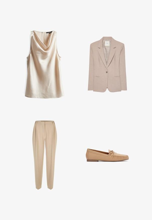 Beige eenknopsblazer met inkeping revers, twee voorzakken met een opening en een gladde binnenvoering, plat uitgestald.; Mouwloze top met sjaalkraag in lichtbeige, van textuurstof met een subtiele glans. Heeft een ritssluiting aan de achterkant en een losse pasvorm.; Beige op maat gemaakte broeken met riemlussen, rechte pijpen en een verborgen voorknopen, gepresenteerd op een witte achtergrond.; Beige leren loafer met geplooide stiksels rond de neus en een strikdetail bovenop, platte zool, zijaanzicht op witte achtergrond.