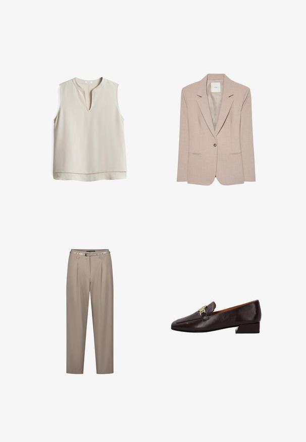 Beige eenknopsblazer met inkeping revers, twee voorzakken met een opening en een gladde binnenvoering, plat uitgestald.; Beige mouwloze blouse met een V-hals, gemaakt van soepele stof, met een decoratieve stiksel langs de zoom voor extra detail.; Beige maatbroek met een platte voorkant, twee plooien en een smalle riem met metalen accenten, gemaakt van gestructureerde stof.; Donkerbruine leren loafer met lage hak en gouden metalen gespdetail bovenop, vierkante neus en gladde afwerking.
