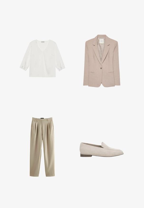 Beige eenknopsblazer met inkeping revers, twee voorzakken met een opening en een gladde binnenvoering, plat uitgestald.; Witte blouse met lange mouwen, een diepe V-hals, zacht satijnachtig materiaal en gathered manchetten voor een relaxed fit.; Beige geplooide broek met een relaxte pasvorm, voorzien van een knoopsluiting en riemlussen, gemaakt van een gladde stof met een zachte textuur.; Beige suède instapper loafer met lage hak, puntige neus en minimale stiksel details aan de bovenzijde.