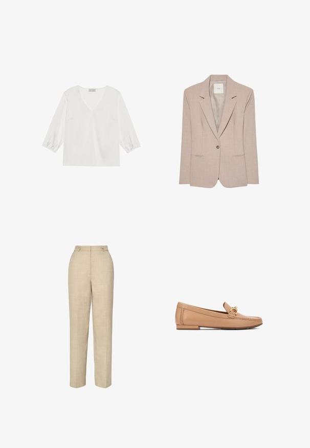 Blazer beige de un solo botón con solapas en pico, dos bolsillos delanteros con abertura y un forro interior liso, presentado plano.; Blusa blanca de manga larga con un profundo escote en V, material suave similar al satén y puños de manga fruncidos para un ajuste relajado.; Pantalones beiges ajustados con una tela suave y texturizada, cintura alta y dos botones frontales. Presentan un corte recto y costuras mínimas.; Mocasines de cuero color canela con un detalle de herrajes en tono dorado, suela plana y costuras decorativas a lo largo de los lados. Textura suave.