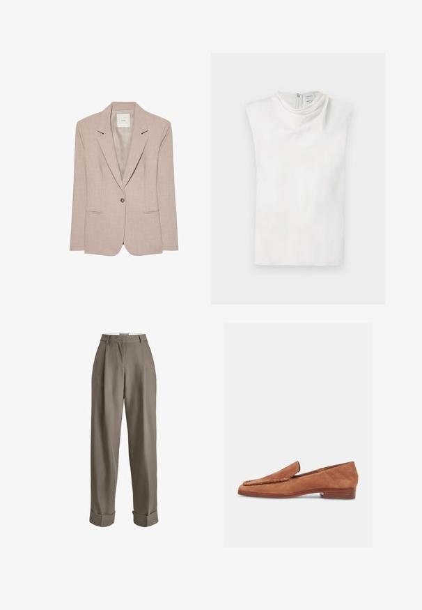 Μπεζ blazer με ένα κουμπί, με πέτο notch, δύο μπροστινές τσέπες με σχισμές και λείο εσωτερικό ύφασμα, απεικονίζεται επίπεδο.; Λευκό αμάνικο τοπ με ψεύτικο λαιμόκοψη και κλείσιμο με φερμουάρ στην πλάτη, απλωμένο λεπτώς σε λευκό φόντο.; Παντελόνι ταουπέ με ψηλή μέση, θηλιές για ζώνη, πιέτες μπροστά και φαρδιά μανσέτα στους αστραγάλους.; Καφέ μοκασίνι από σουέντ με πλεγμένη διακόσμηση, επίπεδη ξύλινη φτέρνα και σχεδιασμό για να φοριέται εύκολα, εμφανίζεται σε πλευρικό προφίλ πάνω σε λευκό φόντο.