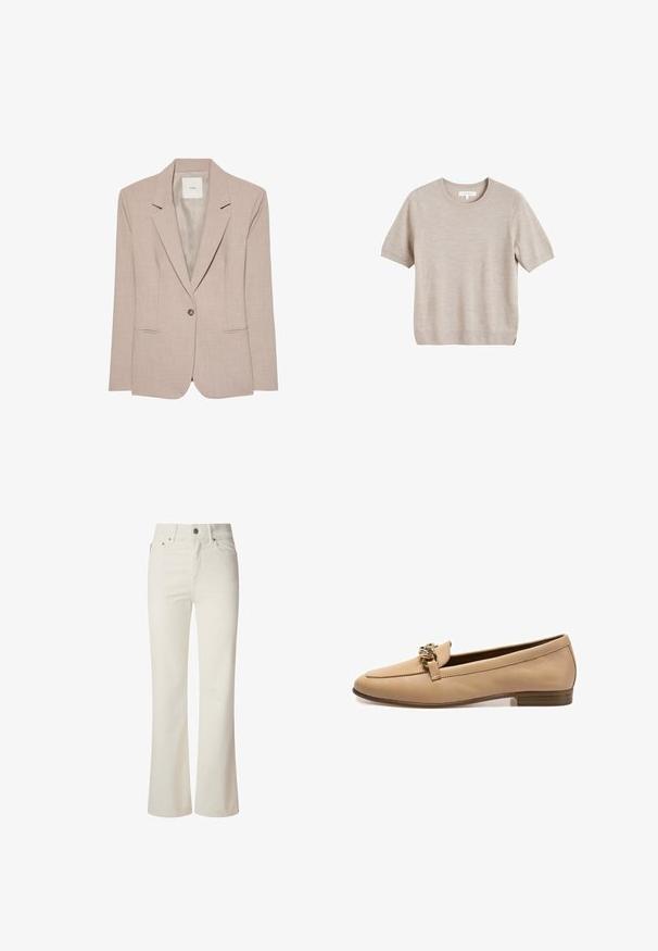 Beige eenknopsblazer met inkeping revers, twee voorzakken met een opening en een gladde binnenvoering, plat uitgestald.; Beige gebreide trui met korte mouwen en een ronde hals, voorzien van een gestructureerde afwerking en zijsplitten aan de zoom voor extra detail.; Witte flared jeans van denim. Heeft een hoge taille, vijf zakken en een metalen knoopsluiting. Glad oppervlak zonder zichtbare patronen.; Beige leren instappers met een platte hak, voorzien van een decoratieve gouden ketting aan de voorkant. Vriendelijke textuur, minimalistisch ontwerp.
