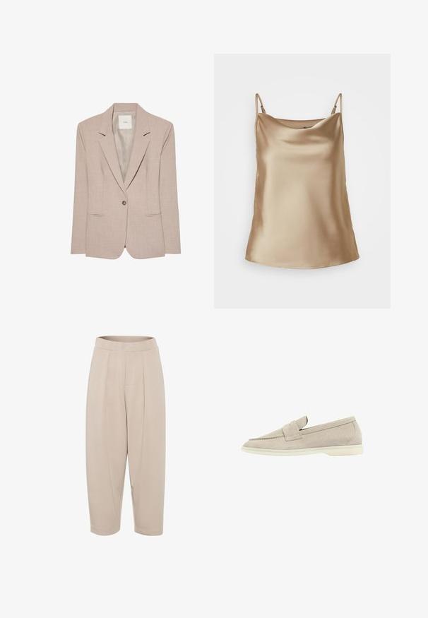 Blazer beige à un bouton, col cranté, deux poches fendues devant et doublure intérieure lisse, présenté à plat.; Camisole en satin beige clair avec de fines bretelles et un décolleté doucement drapé, présentant une texture lisse et brillante.; Pantalons beiges de mi-longueur en tissu doux. Comprend une taille large, des plis avant et des jambes fuselées avec des ourlets retroussés.; Mocassin en suède beige clair avec une semelle blanche basse, un bout arrondi et une lanière cousue sur le dessus.