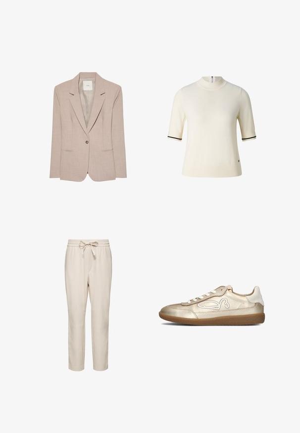 Beige eenknopsblazer met inkeping revers, twee voorzakken met een opening en een gladde binnenvoering, plat uitgestald.; Crèmekleurige korte mouwen gebreide top met coltrui en zwarte bies op de mouwboorden, met een ritssluiting aan de achterkant.; Beige tapered broek met een elastische tailleband en een verstelbaar koord. Glad materiaal met zijzakken en gestikte naden.; Gouden leren sneaker met een ronde neus, witte accenten en een rubberen zool. Beschikt over een decoratief ontwerp langs de zijkant en veters.
