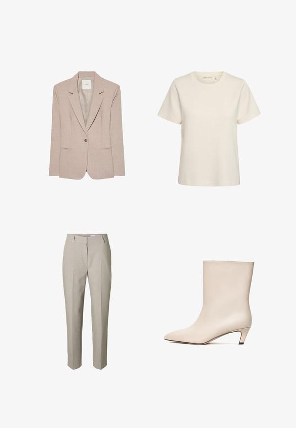 Beige eenknopsblazer met inkeping revers, twee voorzakken met een opening en een gladde binnenvoering, plat uitgestald.; Kortemouwen t-shirt in crèmekleur met een ronde hals en een eenvoudig, effen ontwerp tegen een witte achtergrond.; Beige op maat gemaakte broek met riemlussen, een voorrits en geperste plooien over de benen, getoond tegen een witte achtergrond.; Beige leren enkelboot met een pointed toe en een conische hak. Gladde textuur met minimale stiknaden en een slanke silhouet.