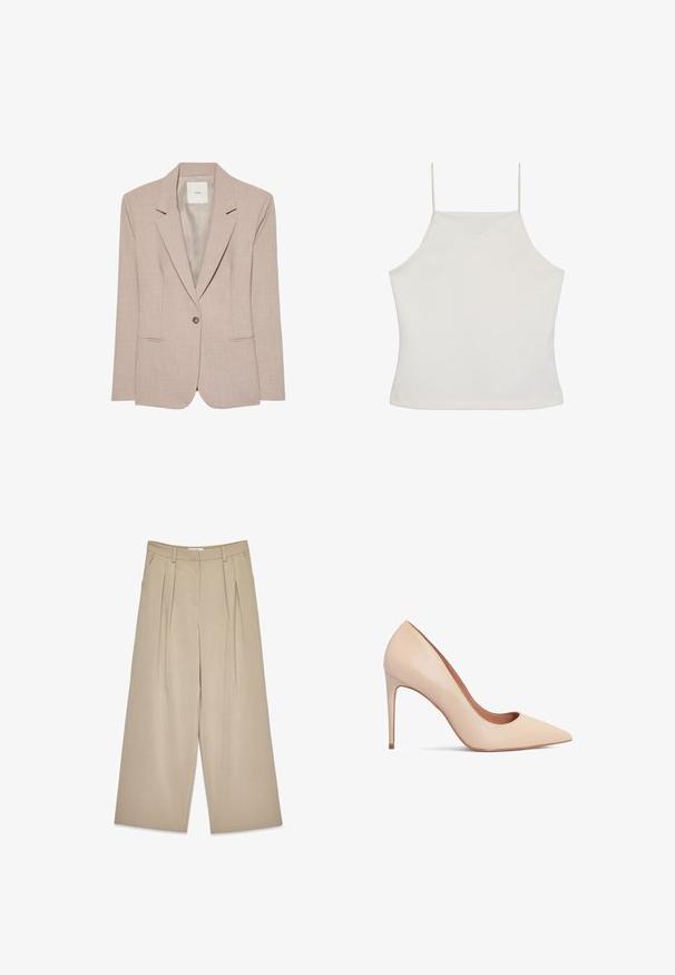 Blazer beige de un solo botón con solapas en pico, dos bolsillos delanteros con abertura y un forro interior liso, presentado plano.; Top corto blanco sin mangas con tirantes finos y el logo sutil "cK" bordado en el pecho, fondo liso.; Pantalones de pierna ancha color beige con pliegues frontales, bolsillos laterales, pasadores para cinturón y un cierre frontal oculto.; Zapato de tacón alto de cuero beige con punta afilada y textura suave. Presenta un tacón de aguja delgado y un diseño de escote bajo.