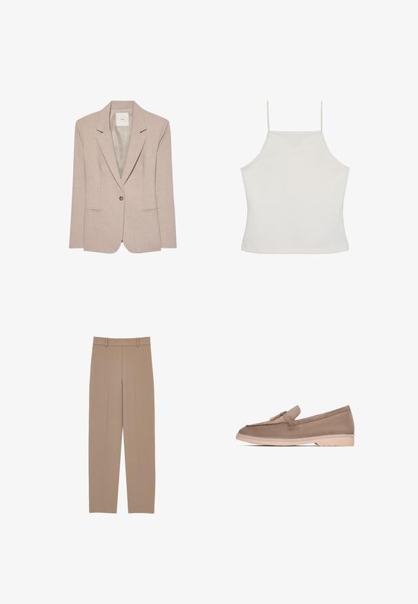 Beige singleknap blazer med hakkede revers, to fremadrettede lommer og en glat inderfor, vist fladt.; Hvid ærmeløs crop top med tynde stropper og diskret "cK"-logo broderet på brystet, ensfarvet baggrund.; Beige skræddersyede bukser med lige ben, der har en plisseret front, bæltestropper og subtile syninger. Glat, letvægtigt stof.; Brune læder loafer med en glat tekstur, der har et dekorativt bånd og guldfarvet hardware, hviler på en lys beige gummisål.