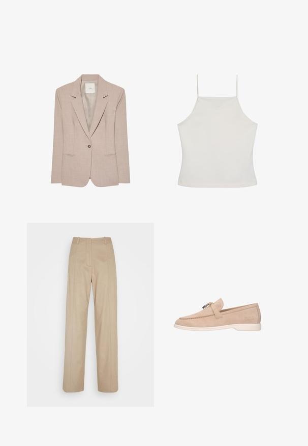 Blazer beige de un solo botón con solapas en pico, dos bolsillos delanteros con abertura y un forro interior liso, presentado plano.; Top corto blanco sin mangas con tirantes finos y el logo sutil "cK" bordado en el pecho, fondo liso.; Calvin Klein TAILORED STRAIGHT PANT - Pantalones - cinder; Mocasín beige de ante sin cordones con suela blanca, detalle de hebilla metálica en la parte superior y "Melvin & Hamilton" grabado en el lateral.