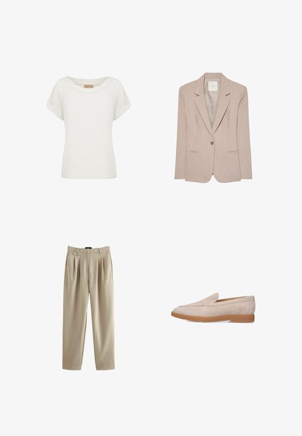 Beiger Ein-Knopf-Blazer mit Kerbkragen, zwei vorderen Einschubtaschen und glattem Innenfutter, flach liegend dargestellt.; Weißes Damenshirt mit kurzen Ärmeln, rundem Ausschnitt und einem kleinen beigen Etikett auf der Innenseite des Kragens.; Beige, plissierte Hose mit einem entspannten Schnitt, ausgestattet mit einem Knopfverschluss und Gürtelschlaufen, hergestellt aus einem glatten Stoff mit weicher Textur.; Beige Wildleder Slipper mit abgerundeter Zehenpartie, minimaler Naht und einer tanfarbenen Gummisohle. Verfügt über eine dezente Markenprägung an der Ferse.