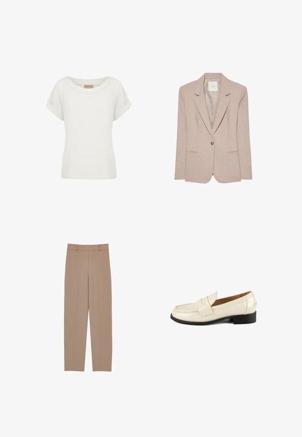 Beige eenknopsblazer met inkeping revers, twee voorzakken met een opening en een gladde binnenvoering, plat uitgestald.; Witte dames top met korte mouwen, een ronde halslijn en een klein beige labeltje aan de binnenkant van de kraag.; Beige eersteklas geklede broek met een rechte pijp, voorzien van een geplooide voorkant, riemlussen en subtiele stikdetails. Gladde, lichte stof.; Beige patenten leren instappers met een ronde neus en decoratieve stikselaccenten. Voorzien van een lage zwarte hak en een instapontwerp.