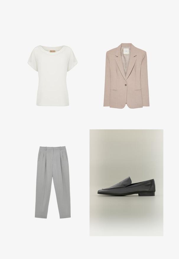 Beige singleknap blazer med hakkede revers, to fremadrettede lommer og en glat inderfor, vist fladt.; Hvid kortærmet dametop med rund halsudskæring og en lille beige label indeni kraven.; Lysegrå formelle bukser med frontplisser, sidelommer, bæltestropper og en tilspidset benform.; Sorte læder loafers med en glat overflade, spids tå og minimalistisk design. Lav stablet hæl og subtile syninger.