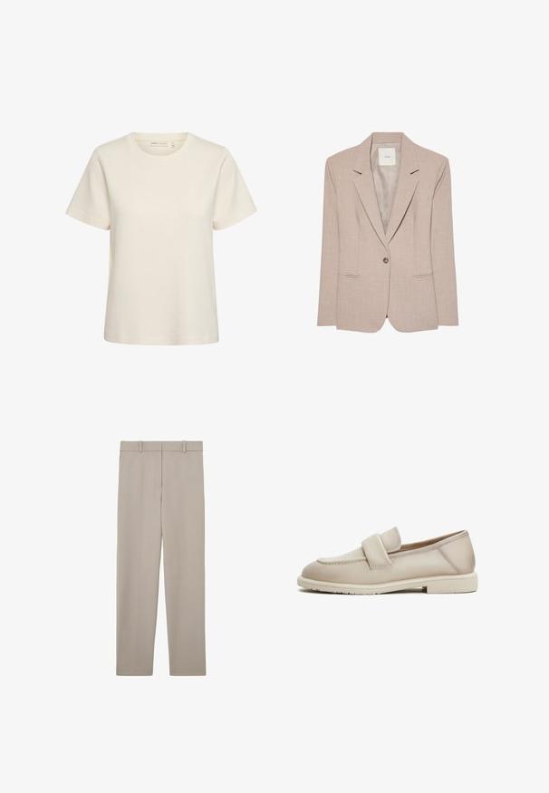 Beige singleknap blazer med hakkede revers, to fremadrettede lommer og en glat inderfor, vist fladt.; Kremfarvet T-shirt med korte ærmer, rund halsudskæring og et enkelt, ensfarvet design mod en hvid baggrund.; Beige, lige bukser med bæltestropper og et rent, minimalistisk design, vist fladt på en hvid baggrund.; Beige læder loafers med en jævn tekstur, der har et forhøjet bånd over forgabreren og en lav, flad gummisål.