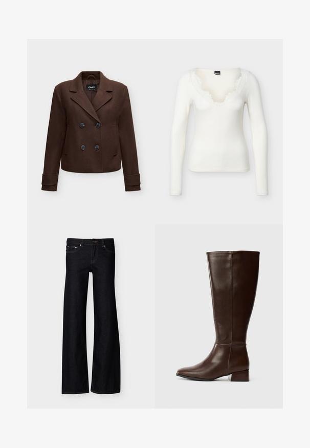 Blazer en laine marron à double boutonnage avec revers crantés, quatre boutons noirs, manches longues et poches latérales, présenté sur un fond uni.; Chemise blanche à manches longues en tissu côtelé avec un col en V présentant des bords effilochés, affichée sur un fond uni.; Jean denim noir à jambes larges avec poches avant, fermeture par bouton, et coutures apparentes, présenté sur un fond blanc uni.; Botte en cuir brun foncé, haute, avec un petit talon bloc et une finition lisse, vue de profil sur fond blanc.
