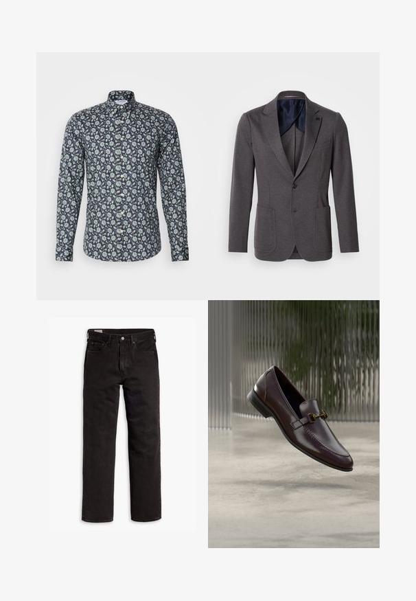 Grauer Blazer mit maßgeschneiderter Passform, ausgestattet mit Reverskragen, zwei Fronttaschen, Ein-Knopf-Verschluss und einem glatten, dunkelblauen Innenfutter.; Langärmliges Hemd mit Knöpfen in Marineblau mit einem floralen Muster in Grün und Weiß. Verfügt über einen klassischen Kragen und eine glatte Textur.; Schwarze gerade Jeans aus Denim mit fünf Taschen, Knopfverschluss und Gürtelschlaufen, flach auf einem weißen Hintergrund ausgelegt.; Brauner Lederloafer mit glatter Oberfläche, quadratischer Spitze und goldfarbenen Metallakzenten. Verfügt über einen niedrigen Absatz und dezente Zierstiche.