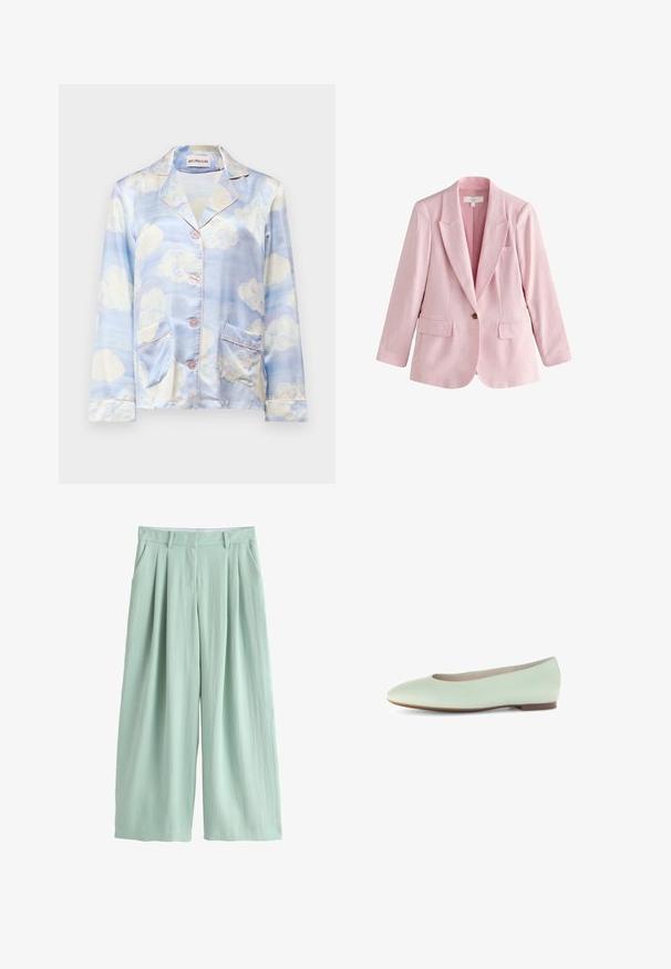 Lichtroze linnen blazer met één knoop, notch-revers, twee klepzakken en een borstzak, weergegeven tegen een witte achtergrond.; Zijde pyjamashirt in lichtblauw met wolkenpatronen, met een notch-kraag, vijf knopen en twee voorzakken met lichtroze rand.; Lichtgroene broek met wijde pijpen, voorplooien, riemlussen, zijzakken en een verborgen sluiting aan de voorkant.; Licht mintgroene leren ballerina met een ronde neus, minimalistisch ontwerp en een platte zool, met een gladde textuur en zonder versieringen.