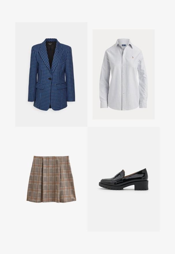 Blå og sort blazer med hundetandmønster, med hakkede slag, enkelt sort knaplukning og to forlommer med klap.; Hvid skjorte med tynde, lodrette blå striber, lange ærmer, spids krave og lille broderet logo på brystet.; Ternede nederdel i et vævet stof med beige, sort og orange ternmønstre. A-formet med plisseringer foran for bevægelse.; Sorte patenterede lædersko med en lav, chunky hæl, der har en frontrem detail og en tekstureret gummisål for godt greb.