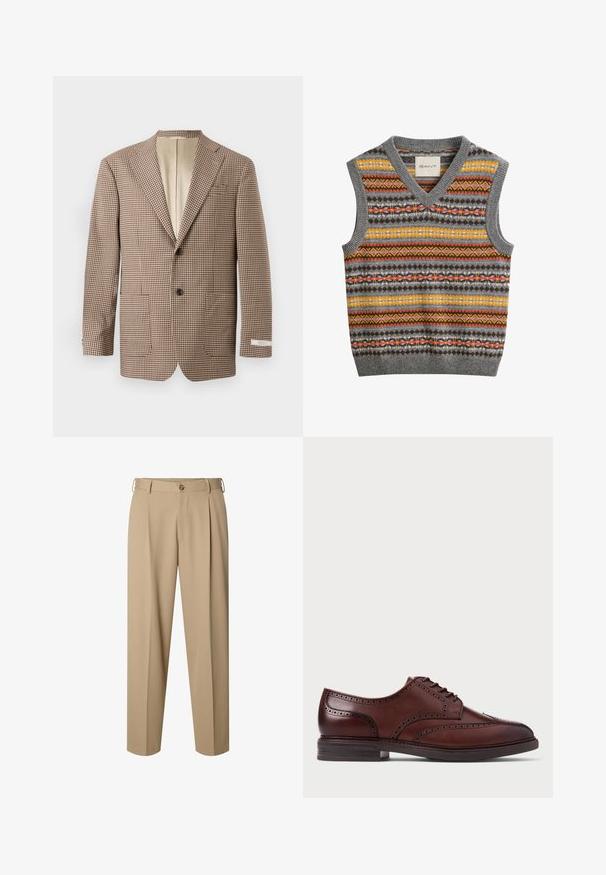 Brauner und cremefarbener kariierter Blazer mit Reverskragen, zwei Vordertaschen und einer Zwei-Knopf-Verschluss, mit einem beigen Futter.; Ärmellose gestrickte Weste mit V-Ausschnitt, mit horizontalen Streifen in Grau, Gelb, Orange und Braun mit geometrischen Mustern.; Beige maßgeschneiderte Hose mit vorderen Falten, Gürtelschlaufen, Knopfverschluss und geradem Bein.; Braune Leder-Brogue-Schuhe mit Flügelspitze, durchbrochenen Details und dunkler Sohle, seitlich auf weißem Hintergrund abgebildet.