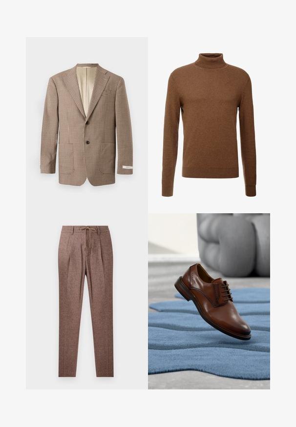 Blazer à carreaux marron et écru, avec des revers en pointe, deux poches avant et une fermeture à deux boutons, doublé de beige.; Pull en col roulé marron en tissu doux, avec des manches longues, des poignets côtelés et une coupe ajustée sans motifs visibles.; Pantalons marron texturé avec un motif en chevrons, dotés d'une taille à cordon de serrage et de deux plis à l'avant. Design à jambe droite.; Chaussure habillée en cuir marron avec lacets posée sur un tapis bleu texturé, avec un canapé gris flou en arrière-plan.