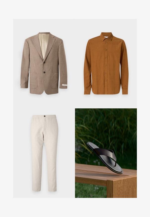 Brun og creme ternet blazer med slagkraver, to frontlommer og to-knaps lukning, samt en beige foring.; Brun langærmet skjorte med knapper lavet af glat stof, med en klassisk krave og syv frontknapper, samt lige manchetter.; Lys beige linnedbukser med elastisk talje, en enkelt knaplukning og et enkelt, tæt snit.; Sort læderthongsandal flyder over en træbænk med grønt løv i den slørede baggrund.