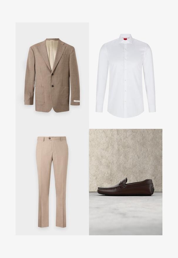 Pruun ja kreemikas ruuduline bleiser, millel on nööbiga krae, kaks eesmist taskut ja kahe nupuga sulgemine, ees kreemikas vooder.; Valge pika varrukaga nööbiga shirts, mis on valmistatud siledast puuvillast. Sellel on klassikaline krae, täisnööbiplokk ja ümar hem.; Beežid püksid on valmistatud kergest kangast, omad sirget lõiget, ühe nupu kinnituse ja kaks eesmist taskut.; Pruunid nahast loafersid sileda viimistlusega, mokassiini stiilis õmblused, tõstetud varvas ja madal, paindlik kummist tald.
