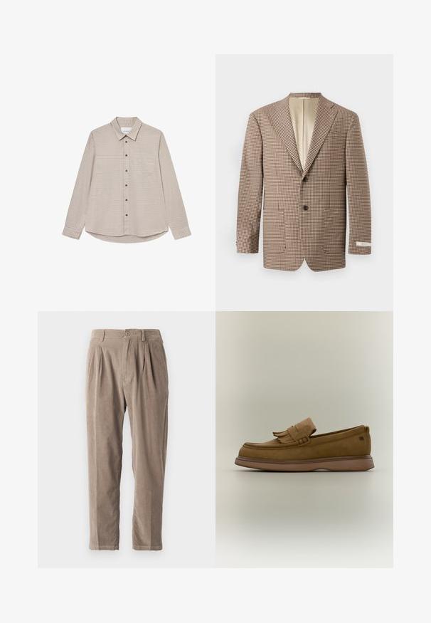 Brun og creme ternet blazer med slagkraver, to frontlommer og to-knaps lukning, samt en beige foring.; Brun og beige ternet langærmet skjorte med button-down krave, brystlomme og brune knapper, der har en buet kanten.; Beige corduroy bukser med en afslappet pasform, der har plisseringer, knaplukning og sidelommer, tekstureret overflade og tapered bendesign.; Brun læderloafer med frynsedetalje på toppen og en tyk gummisål på en ensartet lys baggrund.