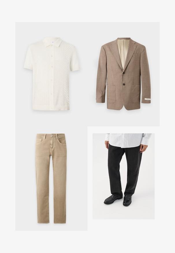 Brun og creme ternet blazer med slagkraver, to frontlommer og to-knaps lukning, samt en beige foring.; Kortærmet, kremfarvet strikket polo shirt med et tekstureret, mønstrede design, knaplukning og en klassisk krave.; Beige bukser med lige ben, forrest knap- og lynlås-lukning, bæltestropper og forlommer på en ensfarvet lys baggrund.; Sorte denimbukser parret med skinnende sorte loafers. Skjorten er hvid med tynde lodrette striber, har lange ærmer og en knapkrave.