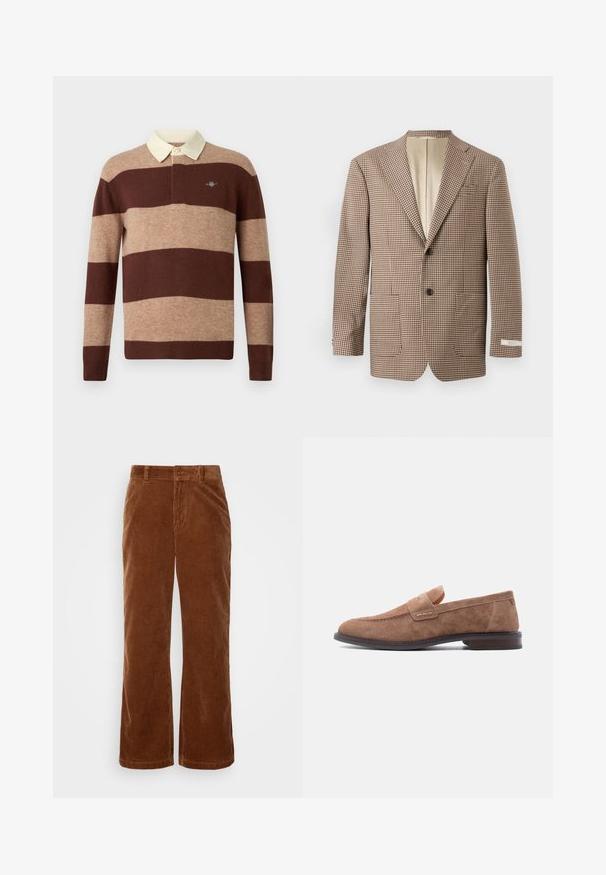 Bruine en crèmekleurige geblokte blazer, met notch-lapels, twee voorkruisen en een sluiting met twee knopen, afgewerkt met een beige voering.; Rugbyshirt met lange mouwen, voorzien van brede horizontale bruine en beige strepen en een crèmekleurige kraag, met een klein geborduurd logo op de borst.; Bruine corduroy broek met een wijde pijpdesign, gekenmerkt door een verticale ribbelstructuur, een knoopsluiting en standaard riemlussen.; Lichtbruine suède herenloafer met lage hak en pennyriemdetail, zijaanzicht op witte achtergrond.